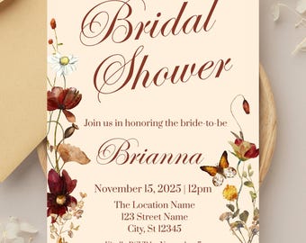 Autumn Bridal Shower Invitation, Fall in Love, Wildflower Bridal Shower, Fall Floral Bridal Shower Invite, Autumn Wildflower