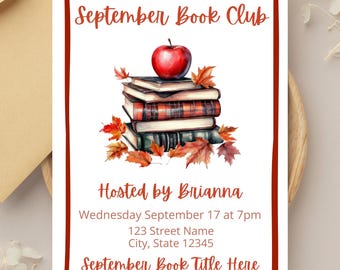 September Book Club Invitation, Book Club Invite, Fall Book Club, Book Party Flyer, Book Club Template, Cozy Readers, Cozy Girl Book Club