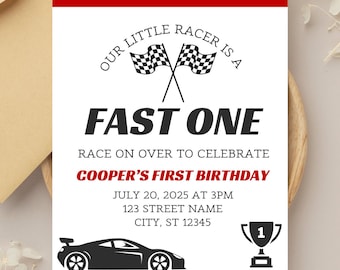Race Car First Birthday Invitation, Fast One Birthday Invite, Boys 1st Birthday Invitation, Car Themed Birthday Party, Kids Birthday Invite