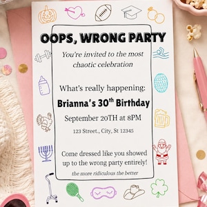Funny Wrong Party Invitation: Costume Theme Birthday, Editable Template (Digital Download)