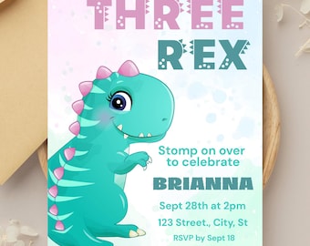 Three Rex Invitation, Girl Dinosaur Birthday Invitation, Dinosaur Invite for Girl, Dinosaur Party, Toddler Girl Birthday