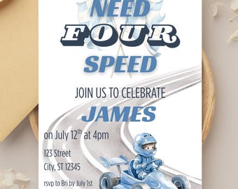 Invitación de cumpleaños de Need for Speed, invitación de cumpleaños de coche de carreras, invitación para fiesta de cuarto cumpleaños, cumpleaños de carreras, fiesta de cumpleaños para niño pequeño