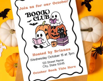 Invitación al club de lectura de Halloween, invitación al club de lectura de octubre, club de lectura de brujas, fiesta temática de fantasmas literarios, invitación para pasar un rato espeluznante