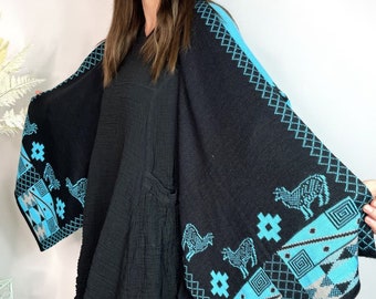 Alpaca Reversible Shawl - Women's Ruana Wrap - Brown and Cream, Bolivia ...