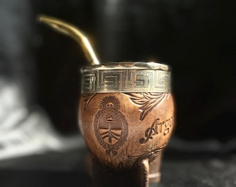 Premium Imperial Mate Gourd | Handmade in Argentina | Genuine Leather | Chiseled Alpaca Rim | Argentine Coat of Arms - Collector Mate