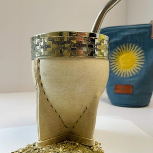 Handmade Argentine Mate Gourd: Natural Leather & Alpaca Silver Rim