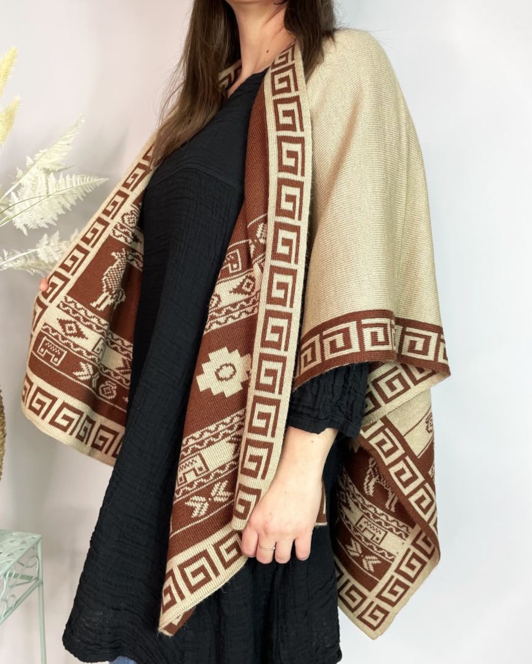 Alpaca Reversible Shawl - Women's Ruana Wrap - Brown and Cream, Bolivia ...