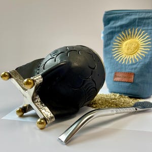 Handmade Argentine Mate Gourd: Black Leather & Alpaca Silver with Bombilla