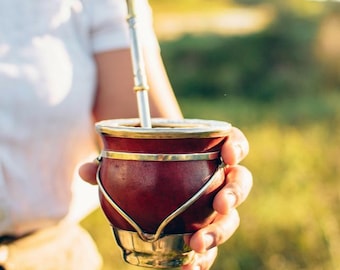 Gobelet gourde mate fabriqué à la main : bord argenté en alpaga, bombe gratuite