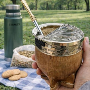 Może przedstawiać: Drewniana tykwa do yerba mate ze srebrną obręczą i pokrywką, trzymana w dłoni. Metalowa słomka jest włożona do tykwy. Zielony termos Stanley, worek yerba mate i ciastka znajdują się w tle.