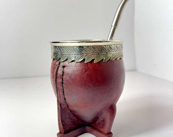 Gourde impériale mate avec bordure en alpaga taille laurier - Cuir mate fait main (noir et borravino), Argentine