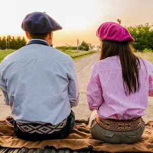 May include: Two people wearing berets and button-down shirts sit on a truck bed, facing away from the camera. The person on the left wears a blue beret and a light blue shirt. The person on the right wears a pink beret and a pink striped shirt.