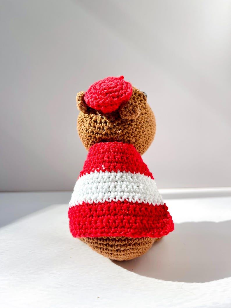 Op de afbeelding: Een handgemaakte bruine gehaakte beer met een rode baret en een rood-wit gestreept shirt. De beer is gehaakt met een getextureerde steek en de baret zit op zijn hoofd. De beer wordt van achteren bekeken.