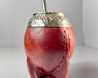 Gourde torpille de style uruguayen - Grand bord en alpaga ciselé à la main - Cuir torpille mate - Grande fait main en Argentine