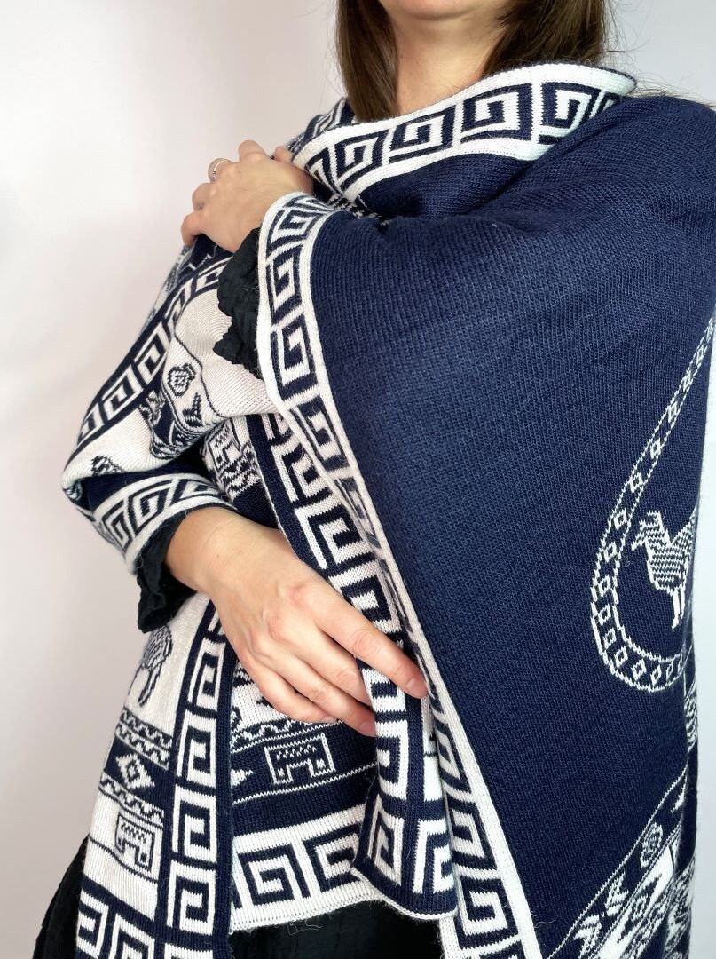 Alpaca Reversible Shawl - Women's Ruana Wrap - Navy and White, Bolivia ...
