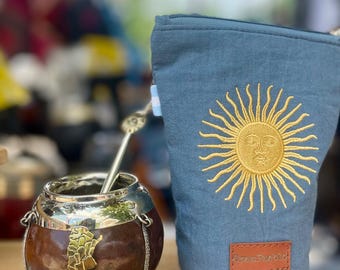 Handcrafted Sun of May Yerba Mate Bag: Tusor Cotton, Leather Closure