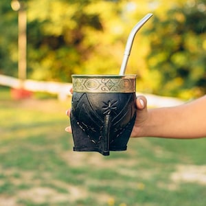 Handcrafted Black Leather Mate Gourd with Alpaca Rim: Argentine Yerba Mate Cup