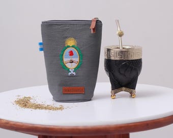 Handgemaakte Argentijnse Yerba Mate-tas: tusorkatoen, leren sluiting