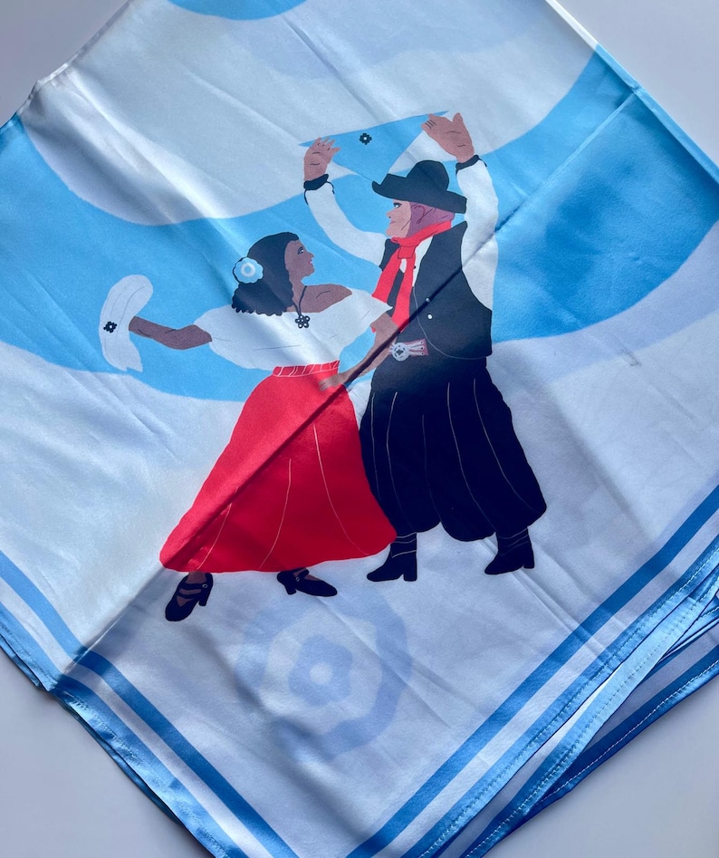 Argentine Silk Scarf – Sol de Mayo Folklore Dance Shawl – Celeste White Bandana image 11
