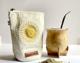Sun of May Yerba Mate Bag: "Light Ivory" Tusor Cotton, Leather Closure, Argentina