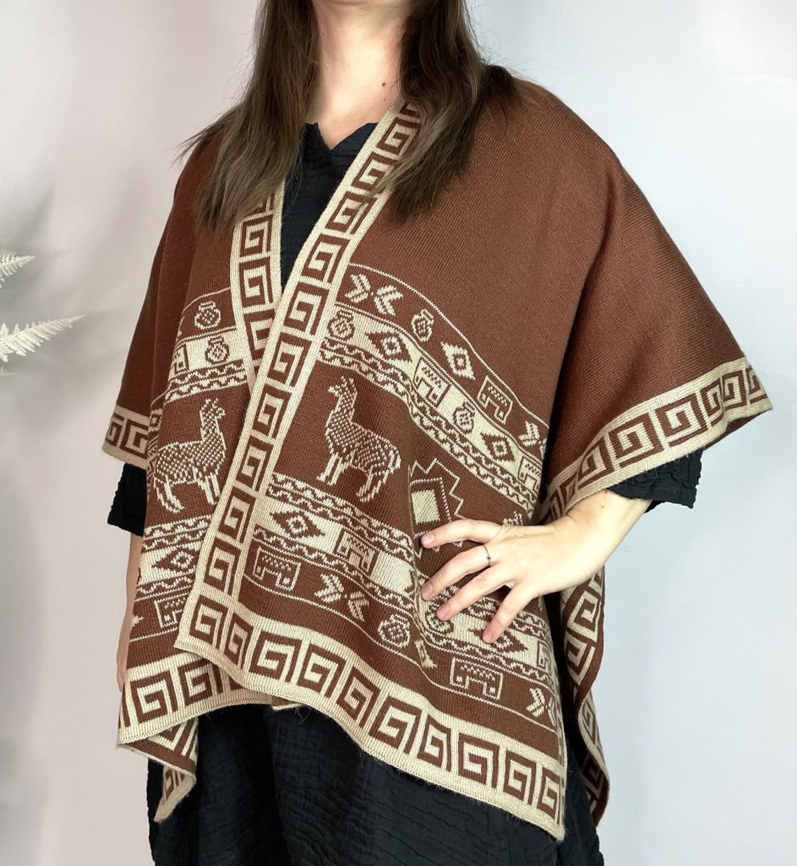 Alpaca Reversible Shawl - Women's Ruana Wrap - Brown and Cream, Bolivia ...