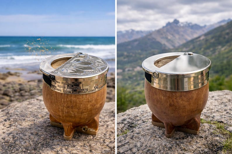 Może przedstawiać: Ręcznie wykonana tykwa do yerba mate z drewnianym korpusem, srebrną metalową obręczą i ozdobną pokrywką. Tykwa stoi na kamiennej powierzchni z rozmytym tłem oceanu. Projekt zawiera mosiężny pasek.