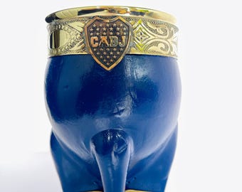 Gourde mate argentine faite main : cuir bleu Boca Juniors et bronze