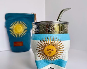 Gourde mate argentine : calebasse enveloppée de cuir avec bordure en alpaga/bombilla en acier inoxydable avec paille GRATUITE