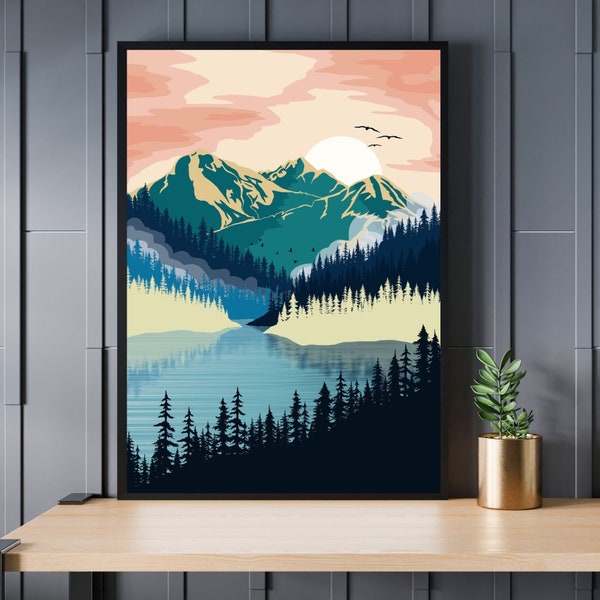 Mountain range landscape with Sunset over lake | Abstract landscape | Printable Wall Art | Mountain Lake | Minimalistic Mountain Range Lake