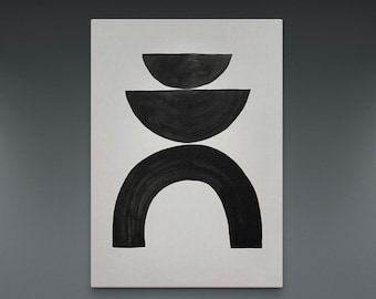 May include: Black and white abstract art print featuring a stacked set of semi-circles and an arch shape.