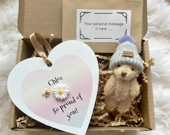 So Proud Of You Giftbox: Handcrafted Wooden Heart with Pocket Bear Achievement Gift