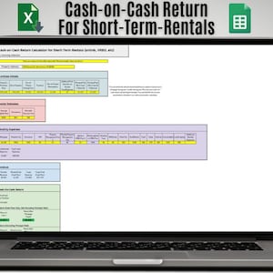 May include: A laptop screen displaying a spreadsheet titled "Cash-on-Cash Return Calculator for Short-Term Rental Businesses (Airbnb, VRBO, etc.)". The spreadsheet includes sections for "Furniture Items", "Rental Utilities", "Monthly Expenses", "Revenue", and "Cash-on-Cash Return".