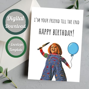 Cartão de aniversário do filme de terror Chucky, download instantâneo de arquivo PDF, produtos de filmes de terror, fãs de filmes de terror