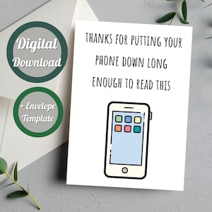 Divertente biglietto di auguri di compleanno per adolescente sempre al telefono, dipendente dallo scorrimento dei messaggi di testo, file digitale stampabile scaricabile