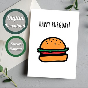 Tarjeta de cumpleaños de hamburguesa, descarga de tarjeta de cumpleaños para amantes de las hamburguesas, tarjeta de cumpleaños imprimible, regalo de cumpleaños divertido para un amigo