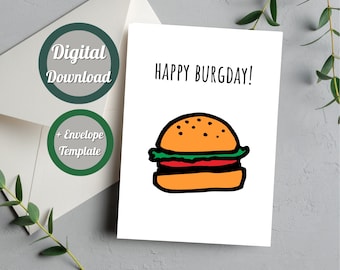 Burger Birthday Card, Hamburger lover birthday Card download, Printable Birthday Card, Funny Birthday Gift for Friend