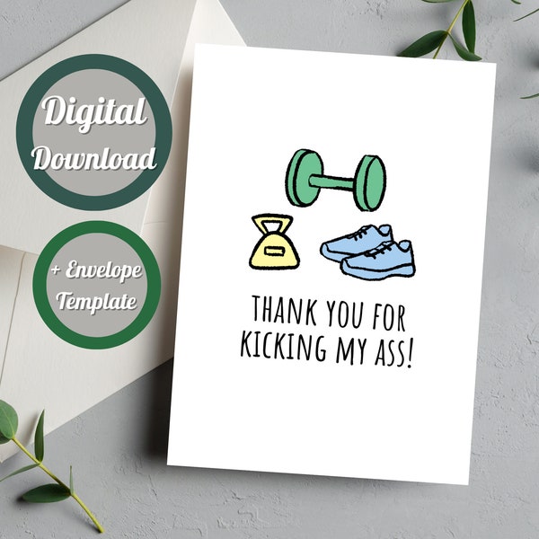 Personal Trainer Thank You Card, Gym Bro, Weight Lifting Getting into Shape Printable Card