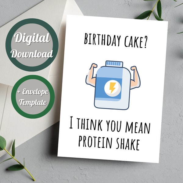 Gym Lover Protein Shake Birthday Card, Personal Trainer, Gym Bro, Weight Lifting Printable Card