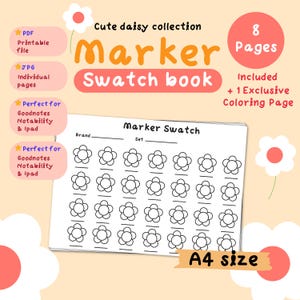Può includere: Un modello digitale di campionario per pennarelli a tema margherita, con 8 pagine e 1 pagina da colorare esclusiva. Il documento in formato A4 presenta una griglia di fiori da colorare, con linee per Brand e Set stampate in inchiostro nero.