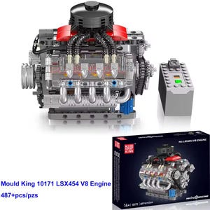 May include: A detailed model of a V8 engine, featuring transparent and gray components with red accents. The model includes a separate gray control unit. The box in the image shows the engine model and the text "Mould King 10171 LSX454 V8 Engine".