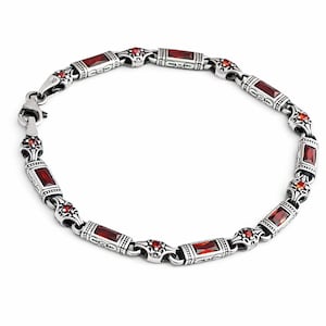 Sterling Silver Men’s Bracelet with Garnet Baguette Stones – Gift for Him
