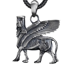 Sterling Silver Assyrian Lamassu Pendant Necklace: Mythical Mesopotamia Jewelry