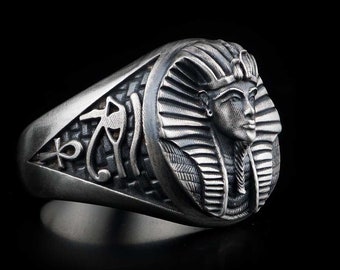 Ancient Egyptian Pharaoh Ring , Unisex Jewelry ,Silver Ankh Accessory, Egyptian King Tutankhamun