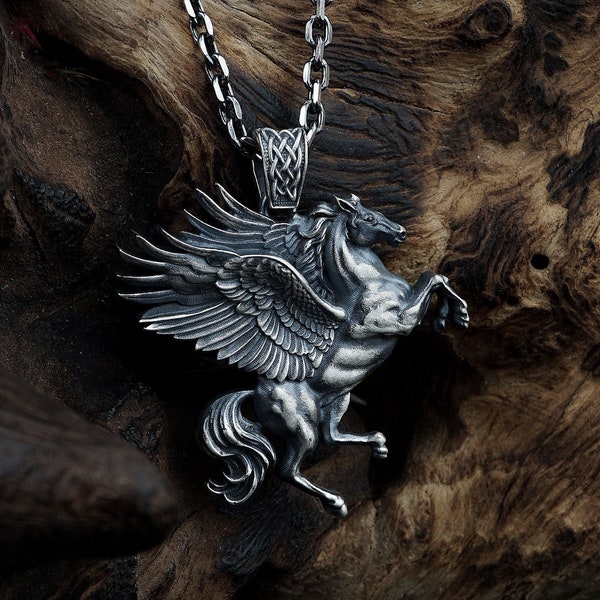 Silver Pegasus Pendant Gothic Style, Mythological Jewelry, Unisex, Greek Goddess Charm, Flying Winged Horse Necklace, Al Buraq