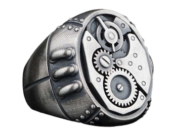 Anello con ingranaggio steampunk in argento sterling: gioielli gotici meccanici