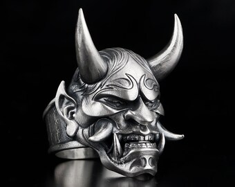 Evil Spirit Japanese Samurai Mask Jewelry, Men's Ring Traditional Japanese Spiritual Monster Yokai, Demon, Silver Oni Ring ,Ring for Men