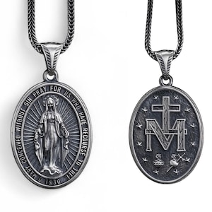 Virgin Mary Necklace, Miraculous Medal Cross Pendant, Christmas Gift, Silver Religious Jewelry, Holy Mother Medallion