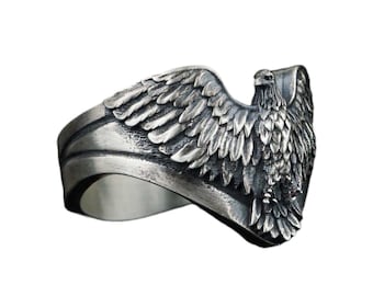 Oxidized Sterling Silver American Eagle Ring: Patriotic Bird Wrap