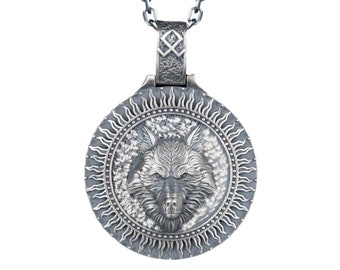 Sterling Silver Wolf Pendant Necklace: Engraved Charm Jewelry
