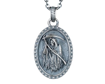 Collar de la Parca en plata de ley: colgante gótico de ángel de la muerte, joyería de bruja oxidada hecha a mano